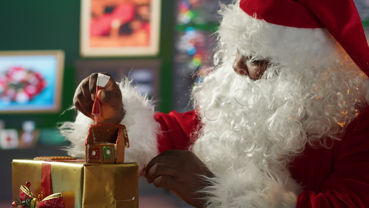 Santa Claus Decorating a Gingerbread House