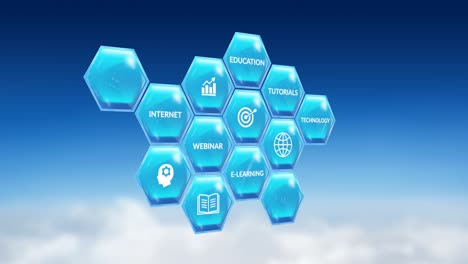 Animation-of-education-and-learning-blue-hexagon-icons-and-text-on-blue-background