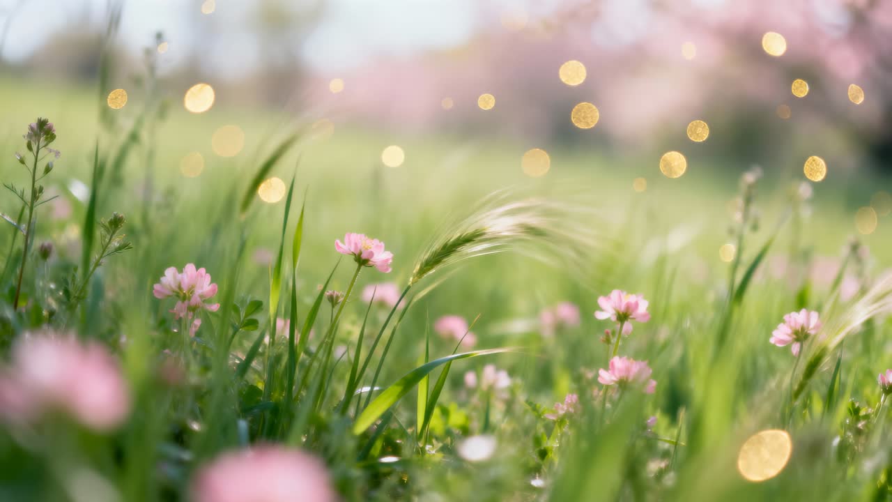 Herbe verte ondulante, fleurs roses et épis se courbant dans une prairie ensoleillée sous l'effet de la brise, avec bokeh