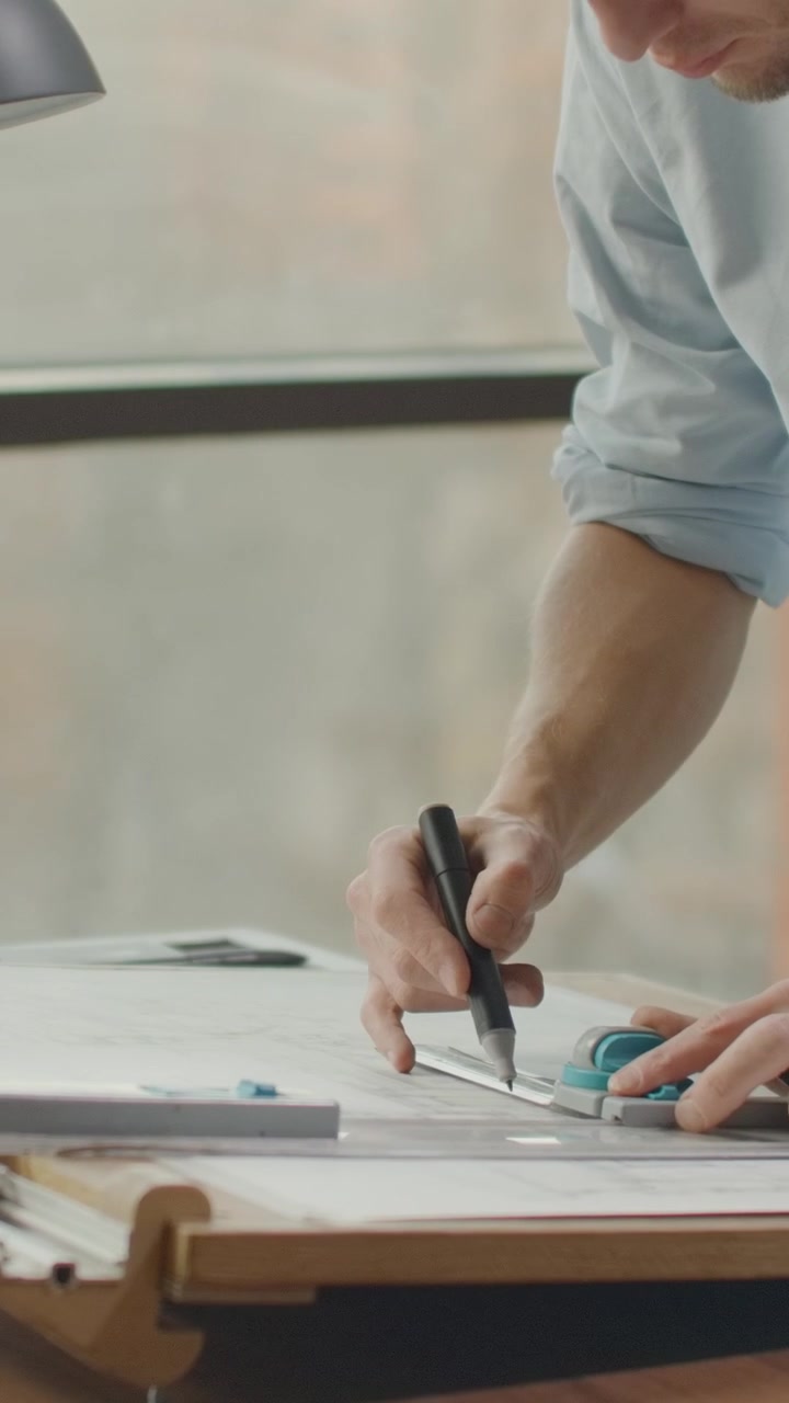 Architect Working on Technical Blueprint in Modern Office