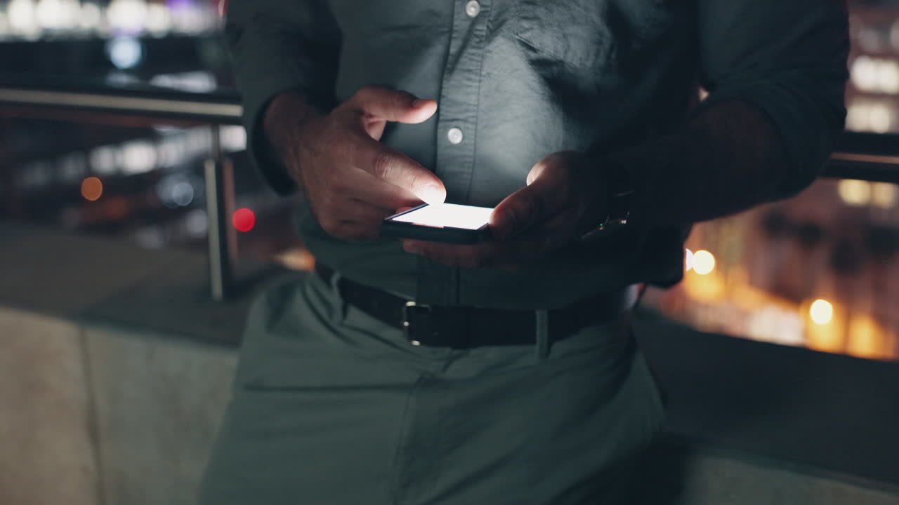 Rooftop, phone or hands on social media at night