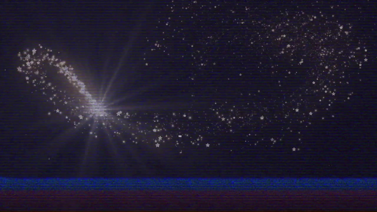 Luminosa scintilla simile a una cometa che appare in alto a destra, arcuandosi verso sinistra, formando un ampio ammasso stellare, in dissolvenza
