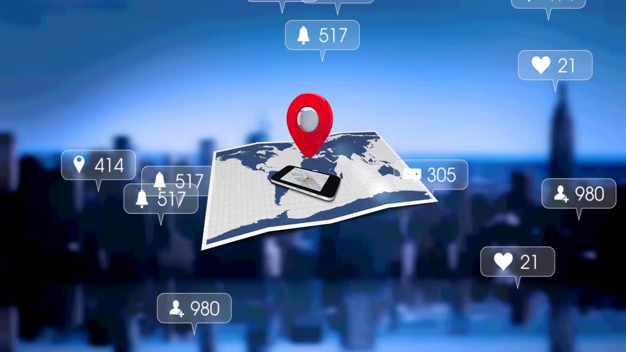 animación del mapa del mundo e iconos sobre el paisaje de la ciudad