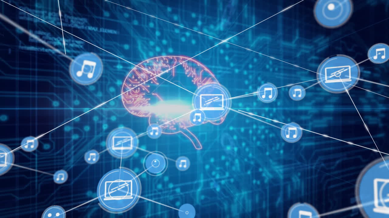 회로판을 통해 장치 아이콘을 가진 연결 네트워크의 애니메이션