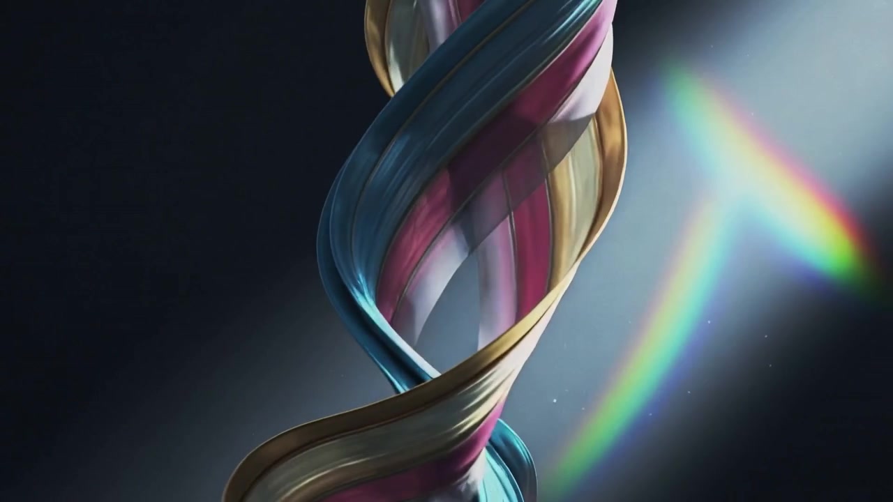 Rotating ribbon revealing bands as camera nears in studio, spotlight revealing colors and flat band