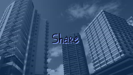 animation of share text with arrows over modern cityscape