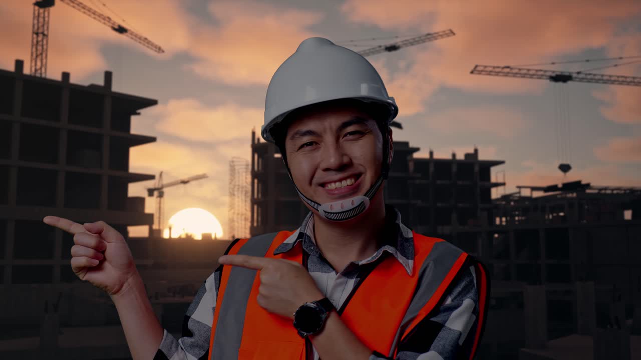 Close Up Of Asian Male Engineer With Safety Helmet Smiling And Pointing To Side While Standing At Building & Construction Site in Progress to New House