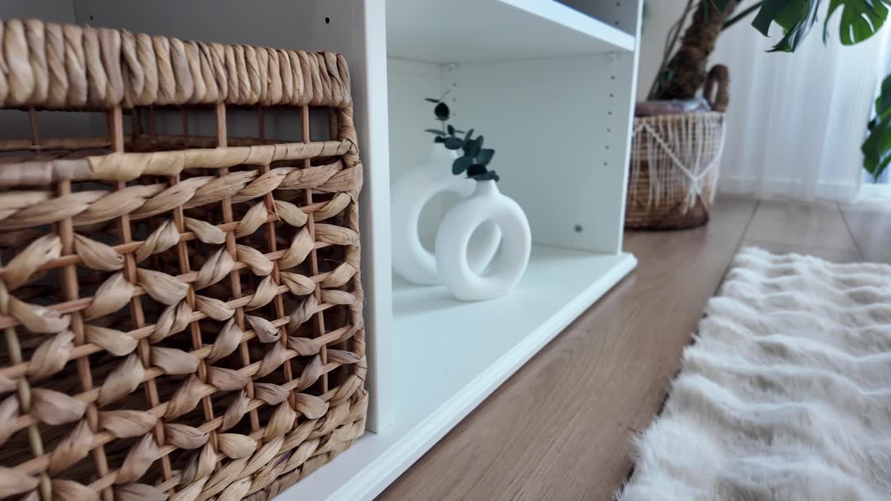 Home Decor with Basket and Vase on Shelf
