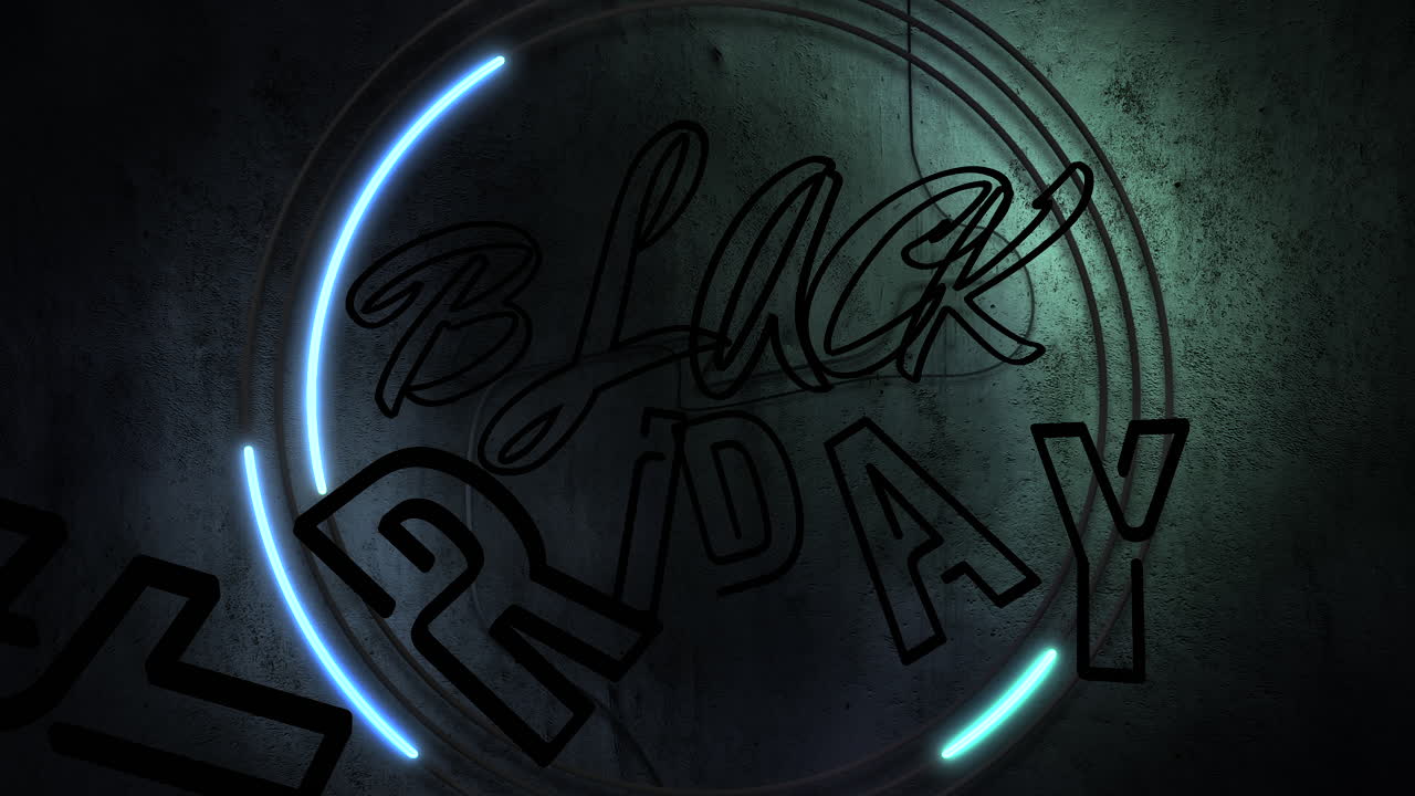 애니메이션 소개 텍스트 검은 금요일 및 벽 추상 배경에 모션 화려한 네온 불빛