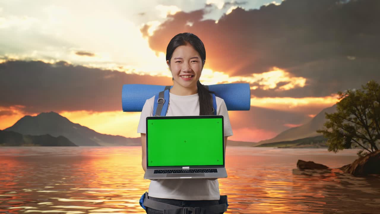 Woman with Laptop at Sunset by the Lake