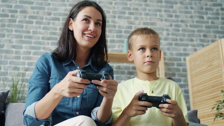 Mother and Son Playing Video Games Together
