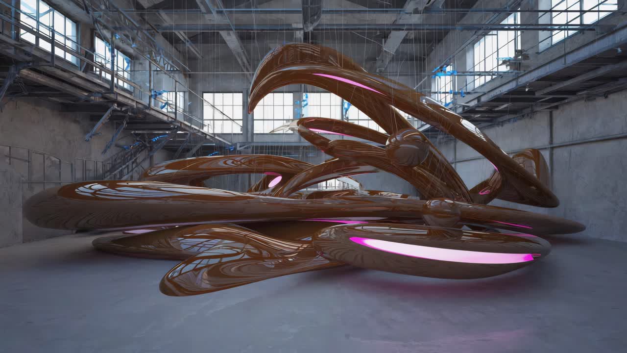 Abstract Organic Sculpture with Glowing Pink Lights in an Industrial Interior