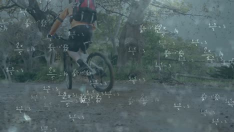 mathematical equations against man cycling in forest