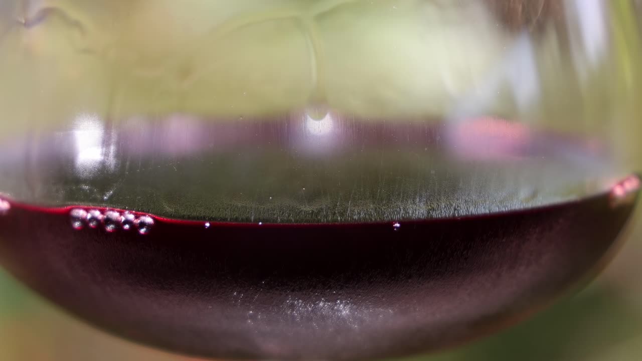 Vista dettagliata di vino rosso con bollicine che si formano lungo la superficie del bicchiere.