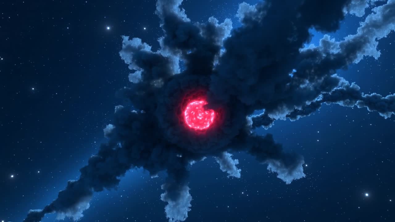 Nucleo rosso che si illumina spingendo una nebulosa oscura che forma un disco ed estende braccia in un campo stellare, bagliore blu.