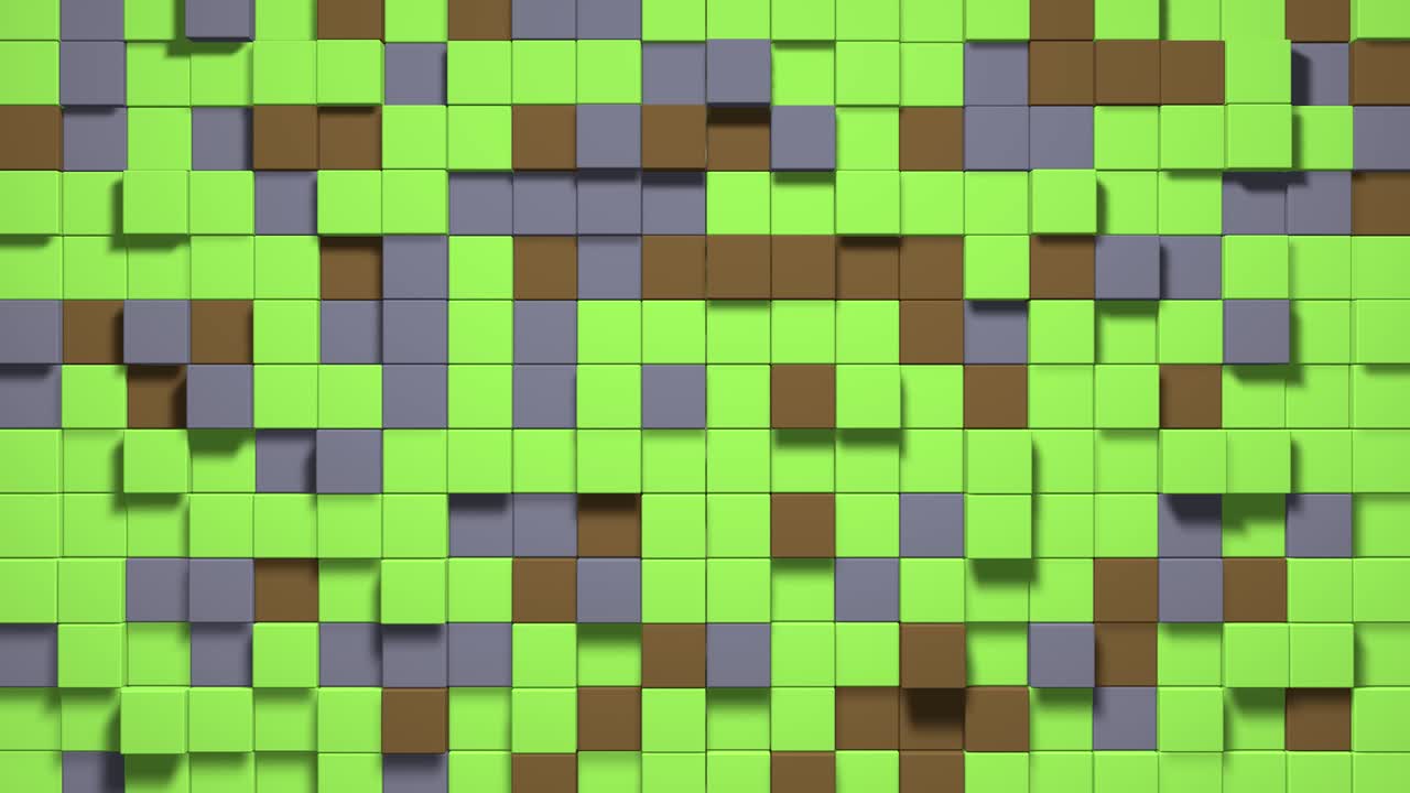 3d cubos abstractos bucle. videojuego isométrico patrón de ondas de mosaico geométrico. construcción de paisajes de colinas utilizando bloques de hierba marrón, púrpura y verde. animación 4k