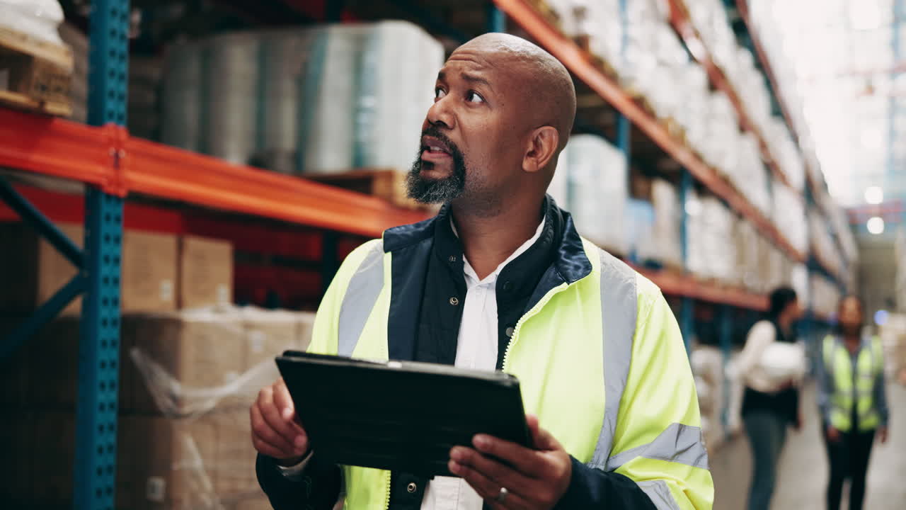 Warehouse worker with clipboard inspecting inventory