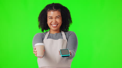 Happy-woman,-waitress-and-coffee-on-green-screen