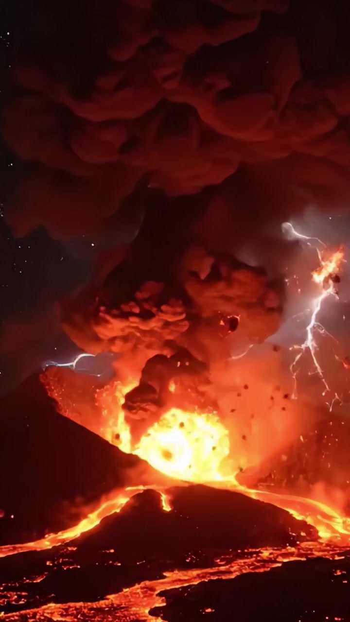 Intensiver Vulkanausbruch in atemberaubendem Detail festgehalten, zeigt glühende Lava, ausbrechende Aschewolken und spektakuläre Blitzeinschläge vor einem Nachthimmel