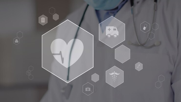 Animación de red de iconos médicos sobre un médico caucásico