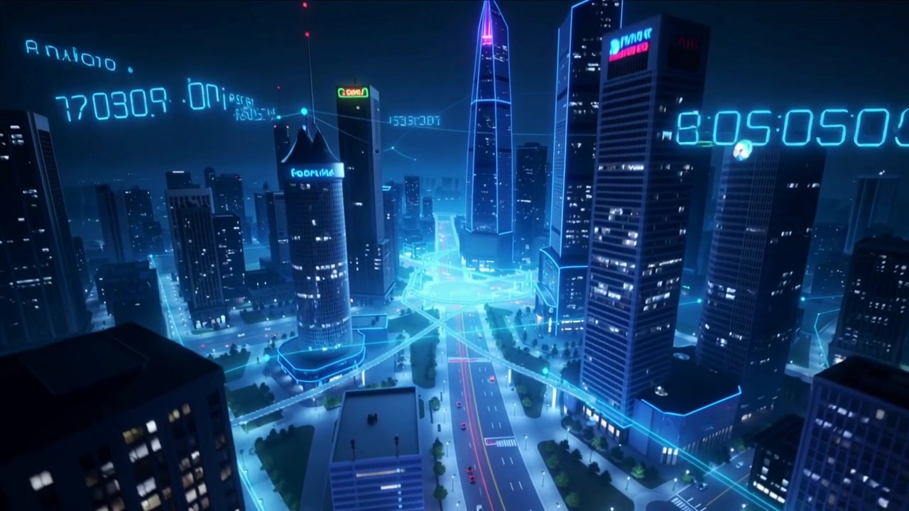 Tilting camera moving over downtown at night, emphasizing spire, pulsing blue network, data glyphs