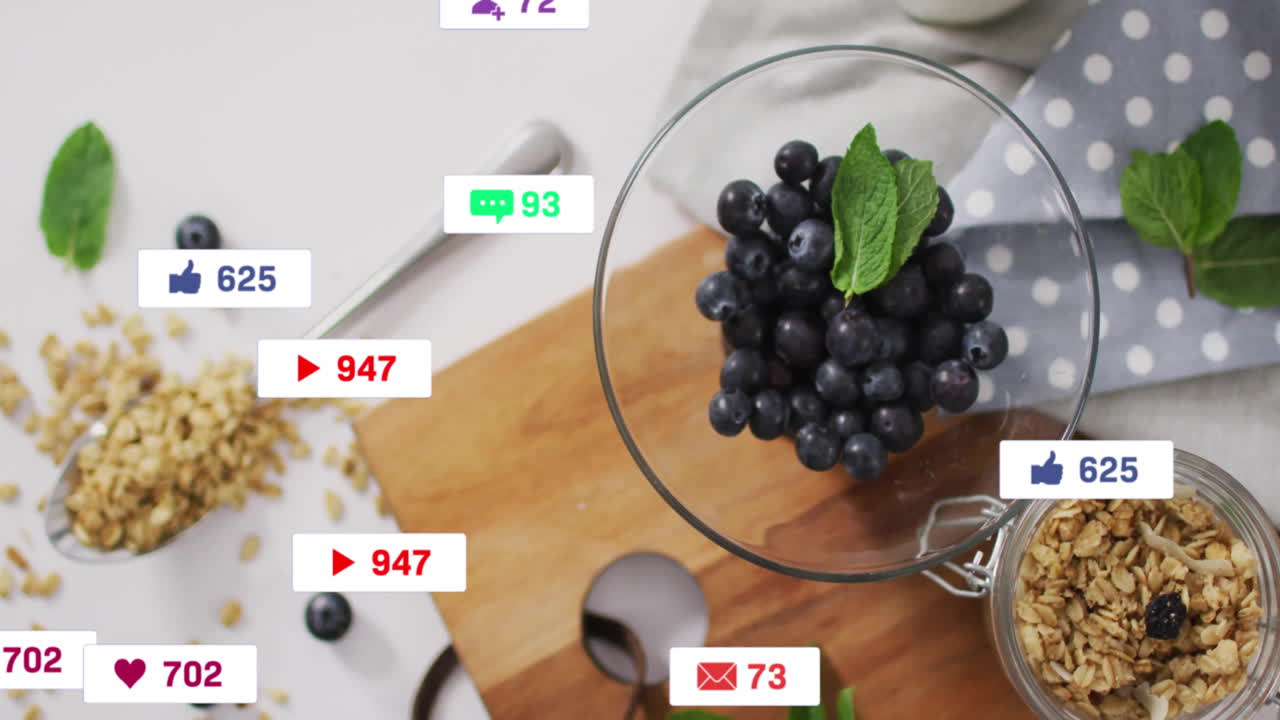 Glass jar with blueberries and animation of social media notifications on board