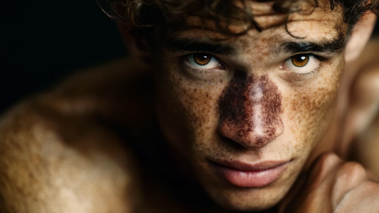 A Dramatic Close-Up of an Intense Young Man with Freckles and Striking Brown Eyes, Capturing a Moment of Contemplation and Raw Emotion in a High-Contrast Lighting Setting