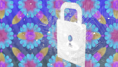 animación de procesamiento de datos por computadora sobre candado y flores