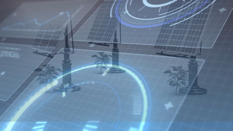 digital interface overlaying animation of solar panels for futuristic energy concept