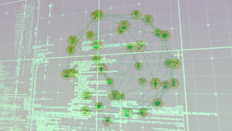 animación del procesamiento de datos, red de conexiones con iconos de globo y cuadrícula