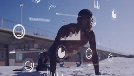 animación del procesamiento de datos financieros sobre un hombre afroamericano en ejercicio