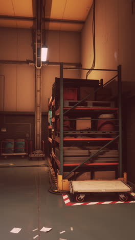 warehouse interior with shelves, boxes, and a pallet