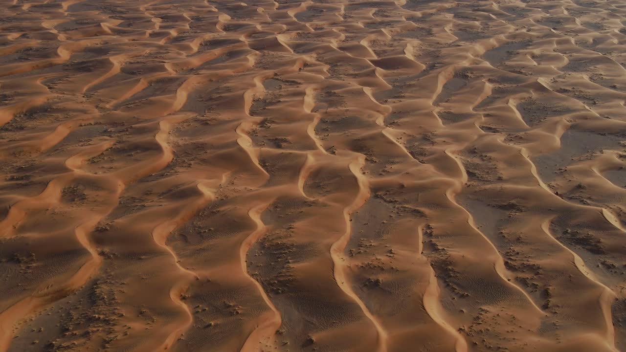 desierto de los emiratos árabes unidos: drones volando sobre impresionantes dunas de arena dorada, vista de arriba hacia abajo del desierto salvaje de los emiratos árabes unidos