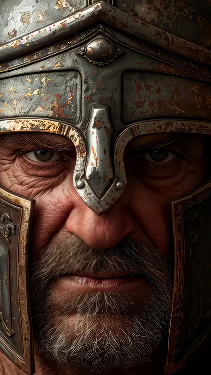 Vertical video: Holding warrior's steady gaze at studio, light grazing worn helmet and beard