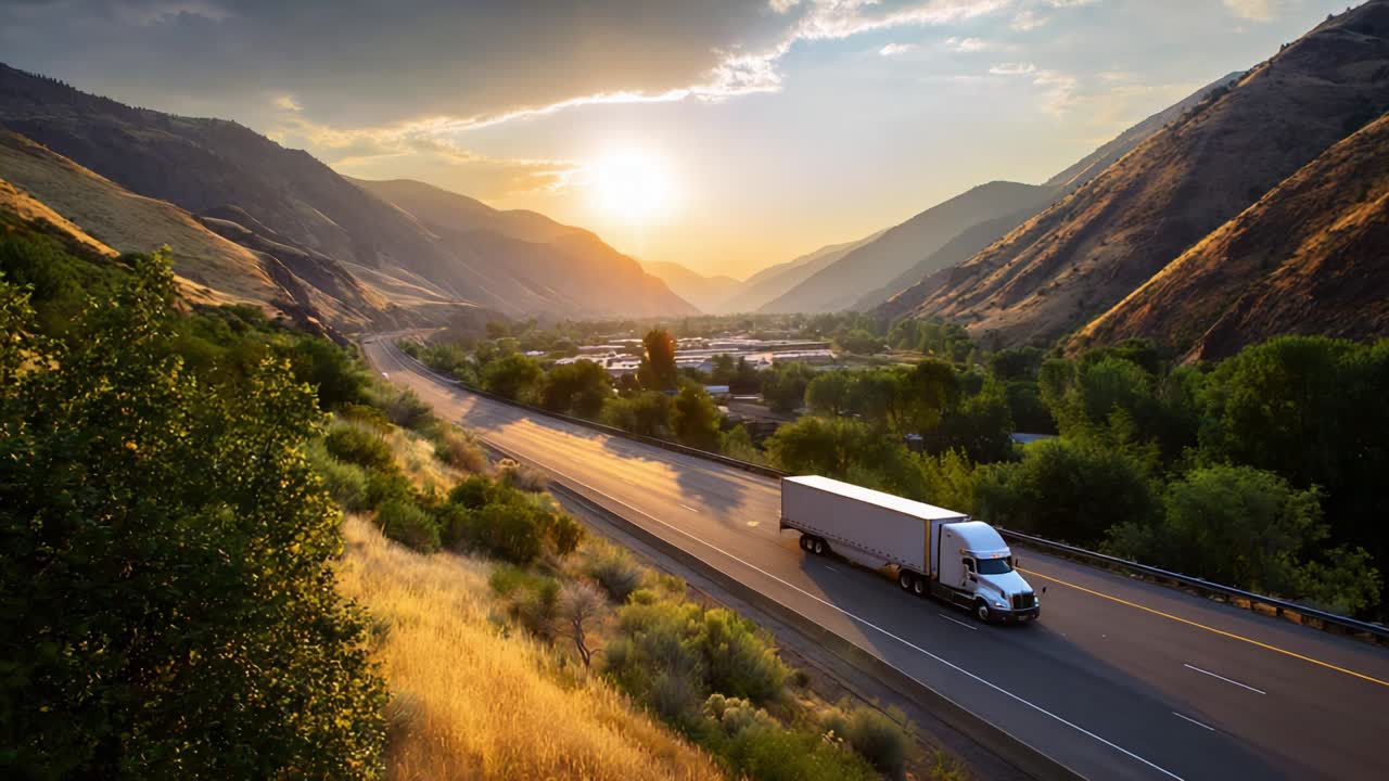 Un paesaggio panoramico con un'autostrada tortuosa circondata da montagne maestose, con un camion che percorre la strada al tramonto, creando un viaggio tranquillo e pittoresco