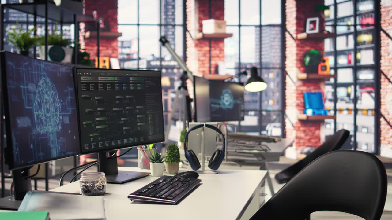 Empty office desk with computer screen showing terminal windows