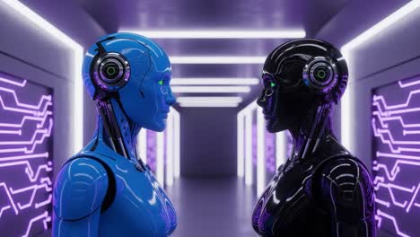 a futuristic encounter: two highly advanced robotics with distinctive blue and black exteriors share a moment in a neon-lit corridor of technology, symbolizing artificial intelligence progress.