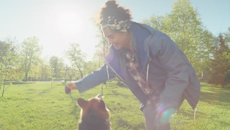 woman playing with her dog in a sunny park