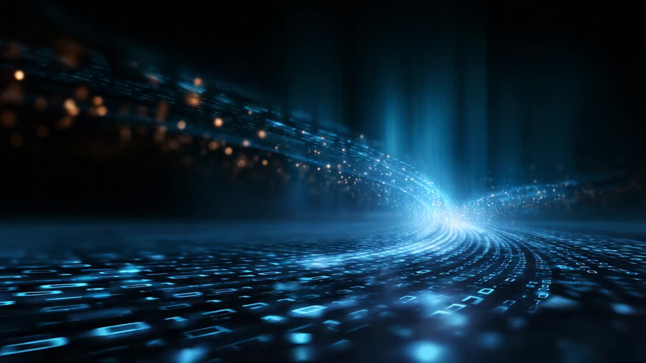 A mesmerizing visual of digital data streams flowing through a dark space, illuminated by bright blue light, showcasing the essence of technology, connectivity, and the rapid movement of information across an abstract landscape