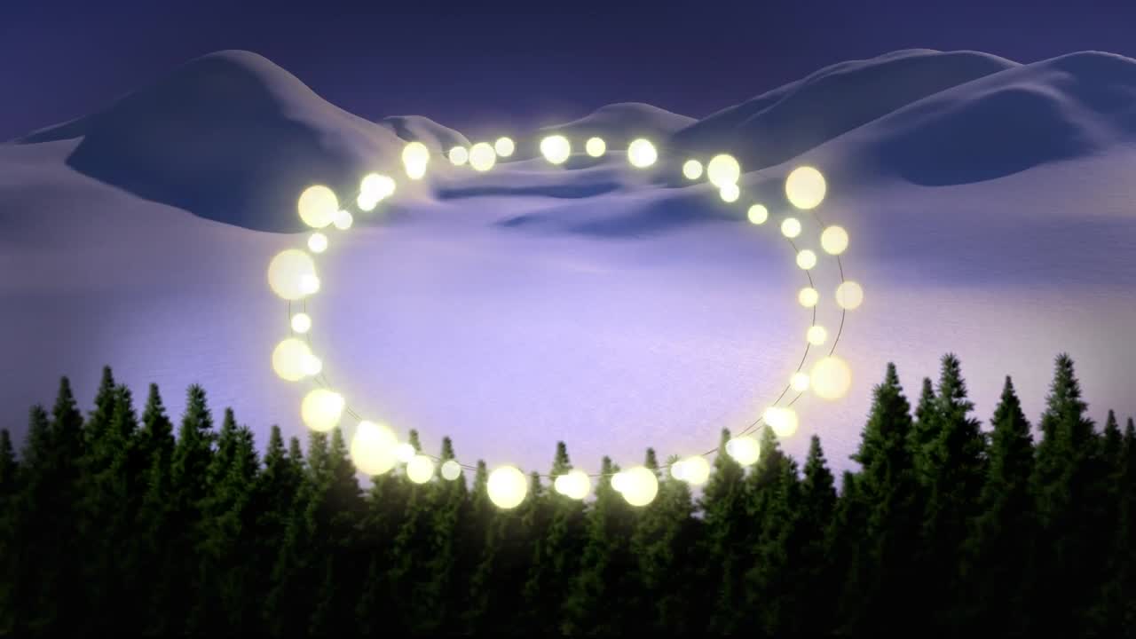 Animation of fairy light frame with copy space over fir trees and winter scenery