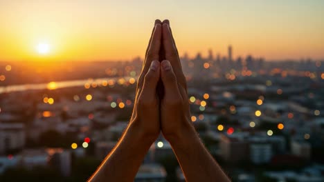 a serene moment of gratitude: hands raised against a stunning sunset over a cityscape, reflecting peace and connection with nature