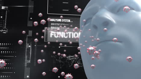 animación digital de múltiples células de covid-19 flotando sobre el modelo de rostro humano contra el procesamiento de datos