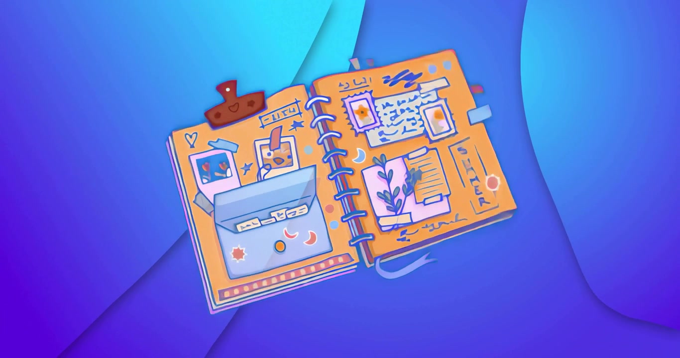At start revealing open scrapbook on gradient backdrop showcasing envelope photos doodle notes