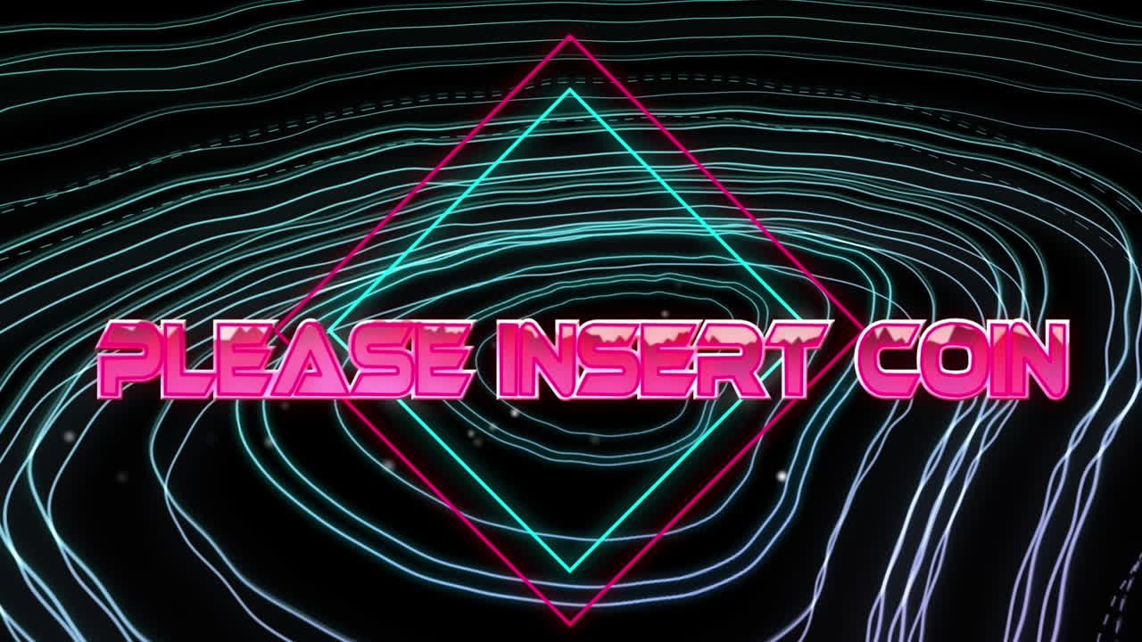 animación de por favor inserte el texto de la moneda sobre rastros de luz sobre fondo negro