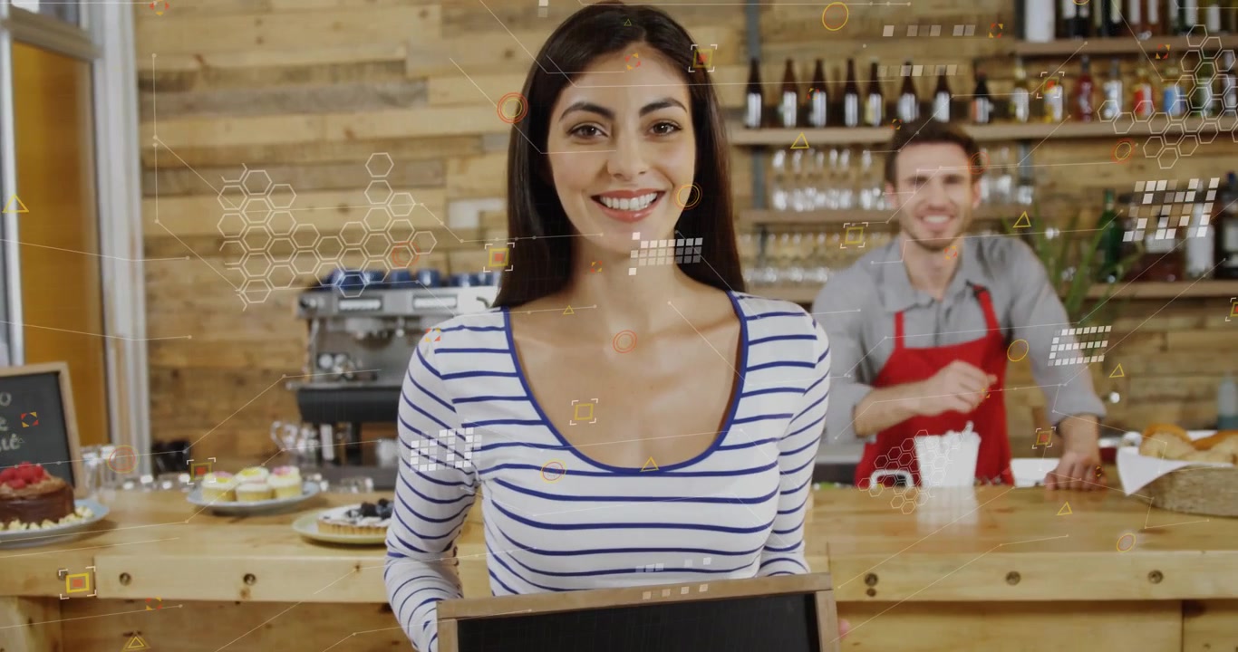 Sobreposições hexagonais aparecendo no letreiro do café enquanto a equipe segura e organiza pães, sinalizando prontidão