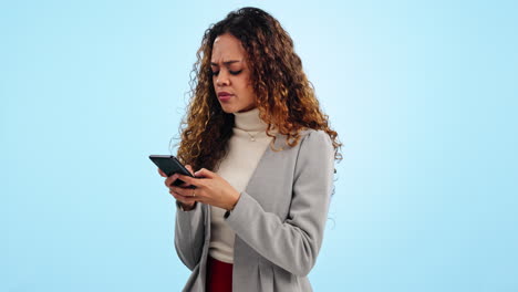 Phone,-angry-typing-and-woman-in-studio