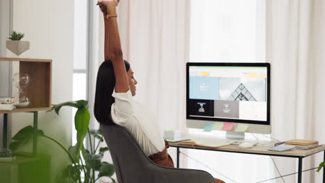 Stretching,-office-desk-and-woman-with-computer