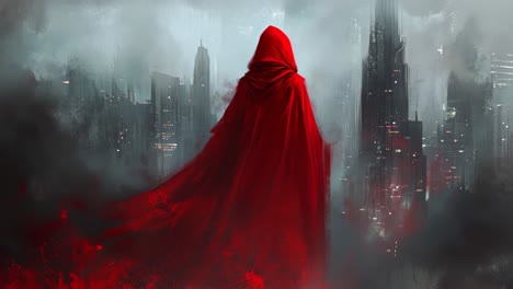 red cloaked figure in a futuristic cityscape