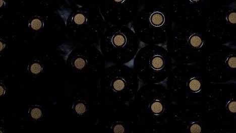 top down view of corked bottles of fresh new wine on a conveyor belt - isolated