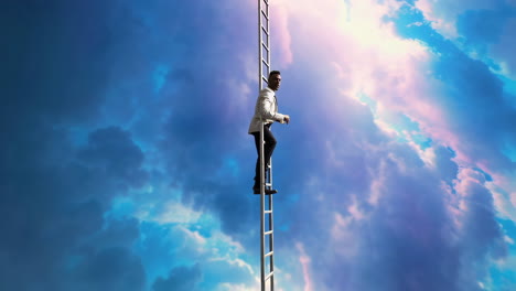 man climbing an infinite ladder towards a bright sky